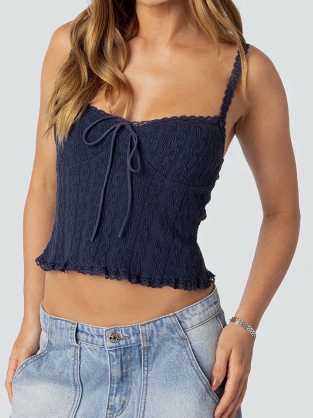 Edikted Lace Trim Cami Tank Top in Blue Size Medium